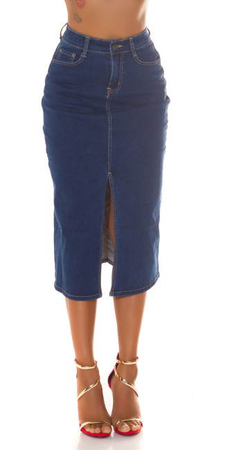 Donker denim-spijkerstof hoge taille midi rok met split blauw
